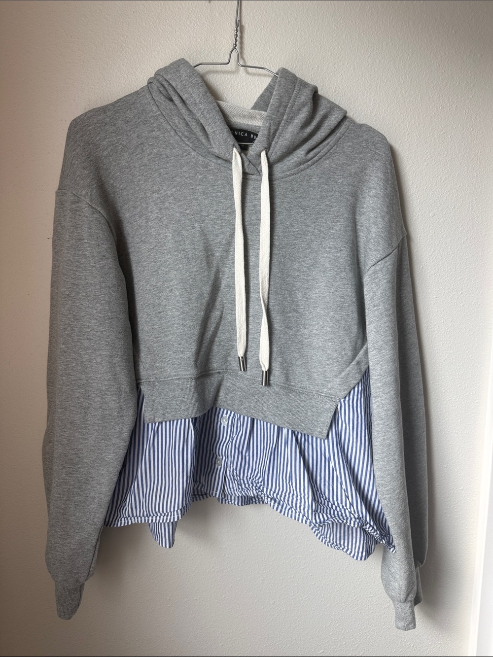 Veronica Beard Grey Hoodie with Blue & White Striped Shirttail